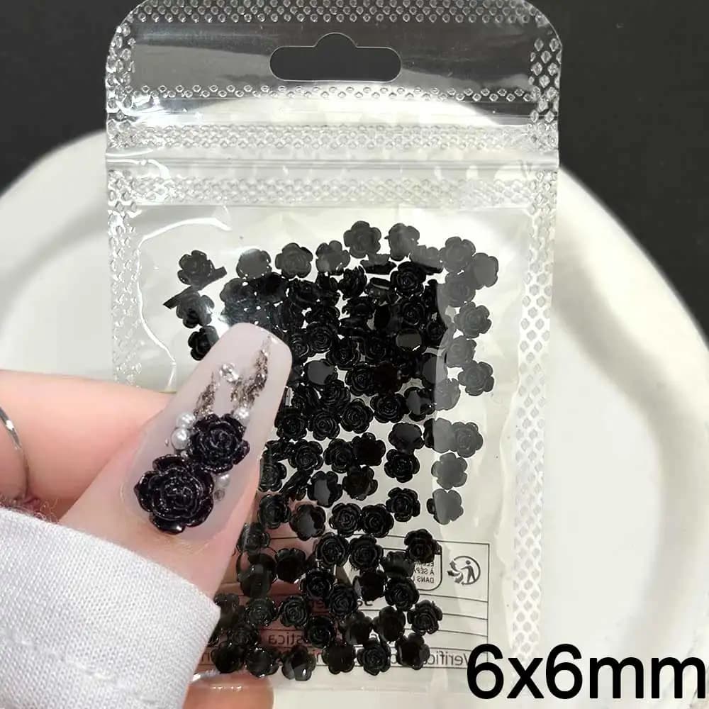 100 pz Nero Rosa Resina Fascino Del Chiodo 3D Glitter Camelia Rosa (6/8mm) Strass Per Unghie Flatback Fiore Sveglio Unghie Artigianali Gioielli $ R6