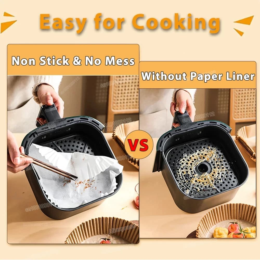50/100 Pezzi Carta da Forno Monouso Antiaderente per Friggitrice ad Aria, Fogli Rotondi per Air-Fryer, Accessori da Cucina