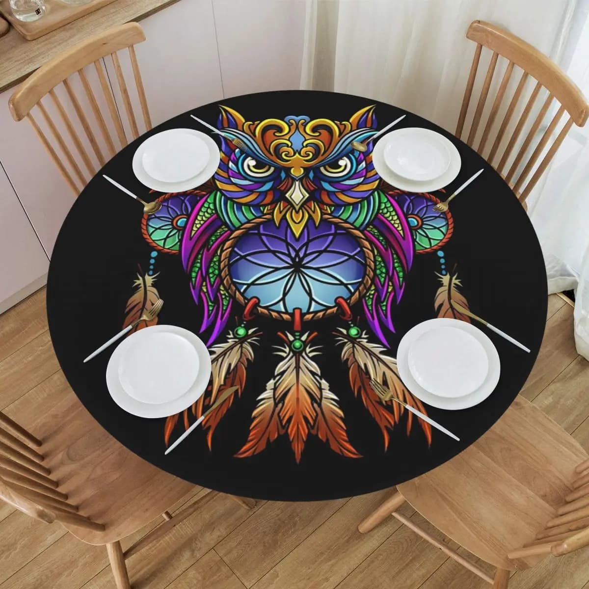 Dreamcatcher Owl Waterproof Round Tablecloth Oilproof Table Cloth for Kitchen Events Dining Table Cover