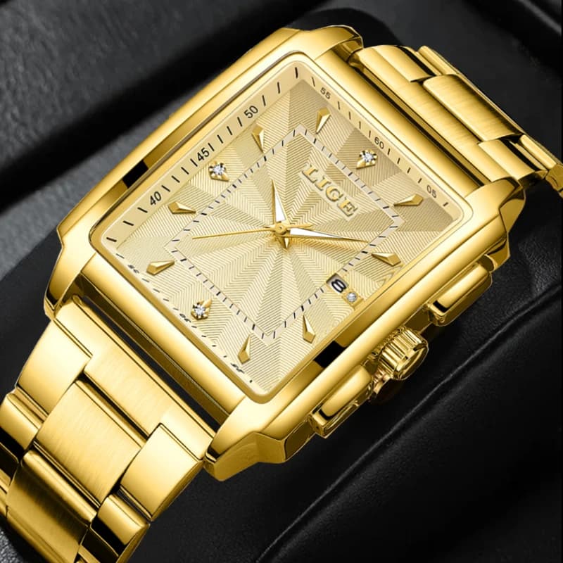 Relogio Masculino LIGE Gold Watch Men Square Mens watches Top Brand Luxury Golden Quartz stainless steel waterproof wristwatch