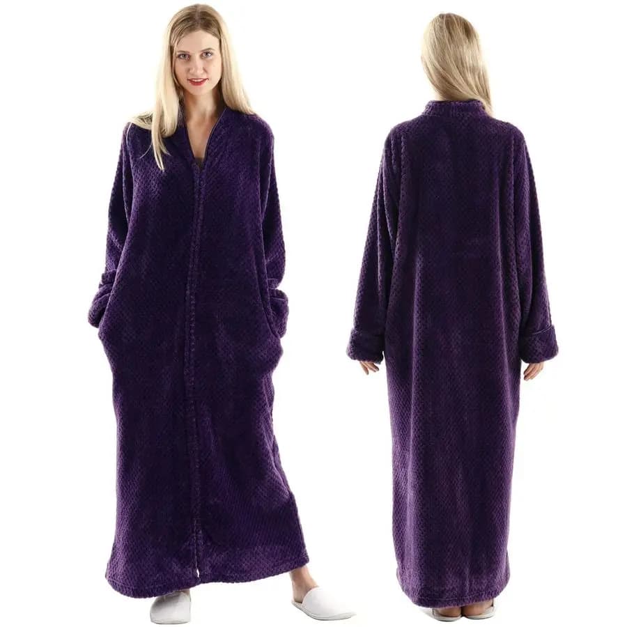 Hot fleece bathrobe Cosy flannel with long zipper winter bathrobe in plush night shirt