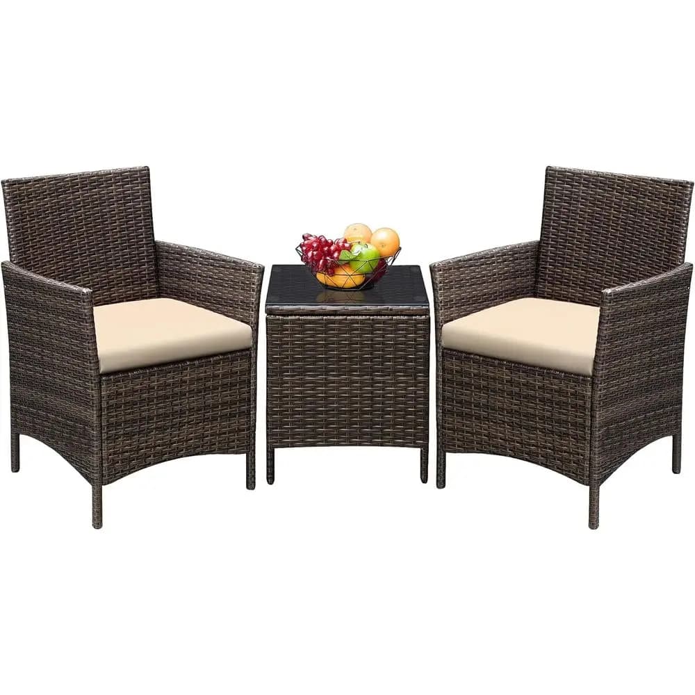 3 Pieces Patio urniture Sets Outdoor PE Rattan Wicker Chairs with Sot Cushion and Glass Coee Table or Garden Backyard Porch Pool