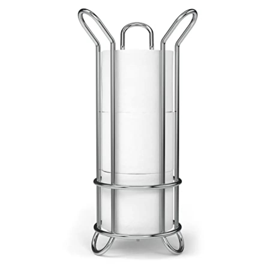 Portarotolo da terra cromato per carta igienica, organizer minimalista per bagno, soluzione di archiviazione elegante dal design moderno [contiene rotoli MEGA]