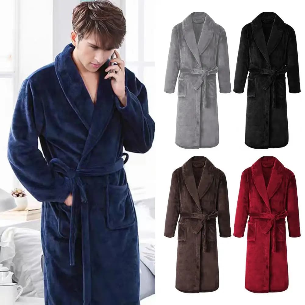 Uomo Donna Accappatoio Risvolto Manica lunga Al ginocchio Accappatoio con tasche per cintura Flanella Morbido Pigiama da notte Peluche Spa Robe