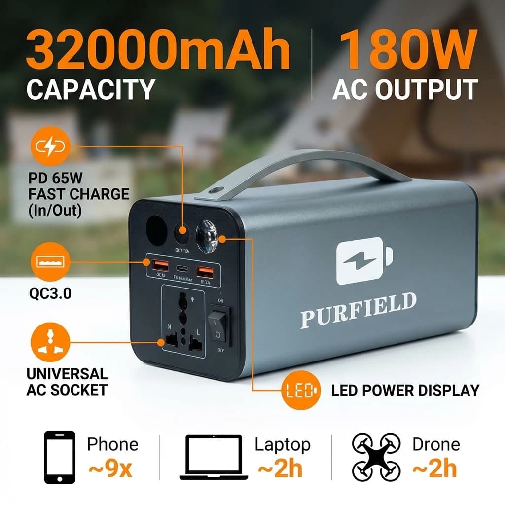 Stazione di Alimentazione Portatile da Esterno 180W 32000mAh 118.4Wh PD65W 110/220V, Generatore Solare per Campeggio, Tenda, Viaggi ed Emergenze