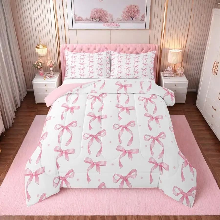 Children's Bed Linen Set with Pink Flake, Set Cover with Tape and Coconut for Kawaii Bedroom, Princess Bed Set with Fiocchetti