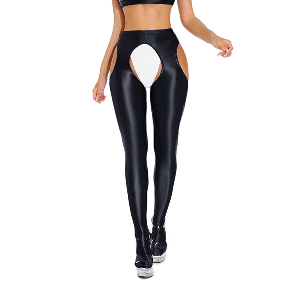 Pantaloni da yoga da donna sexy trasparenti lucidi e lucidi, effetto bagnato, con apertura sul cavallo, pantaloni da yoga da danza skinny elasticizzati, pantaloni da yoga femminili sottili