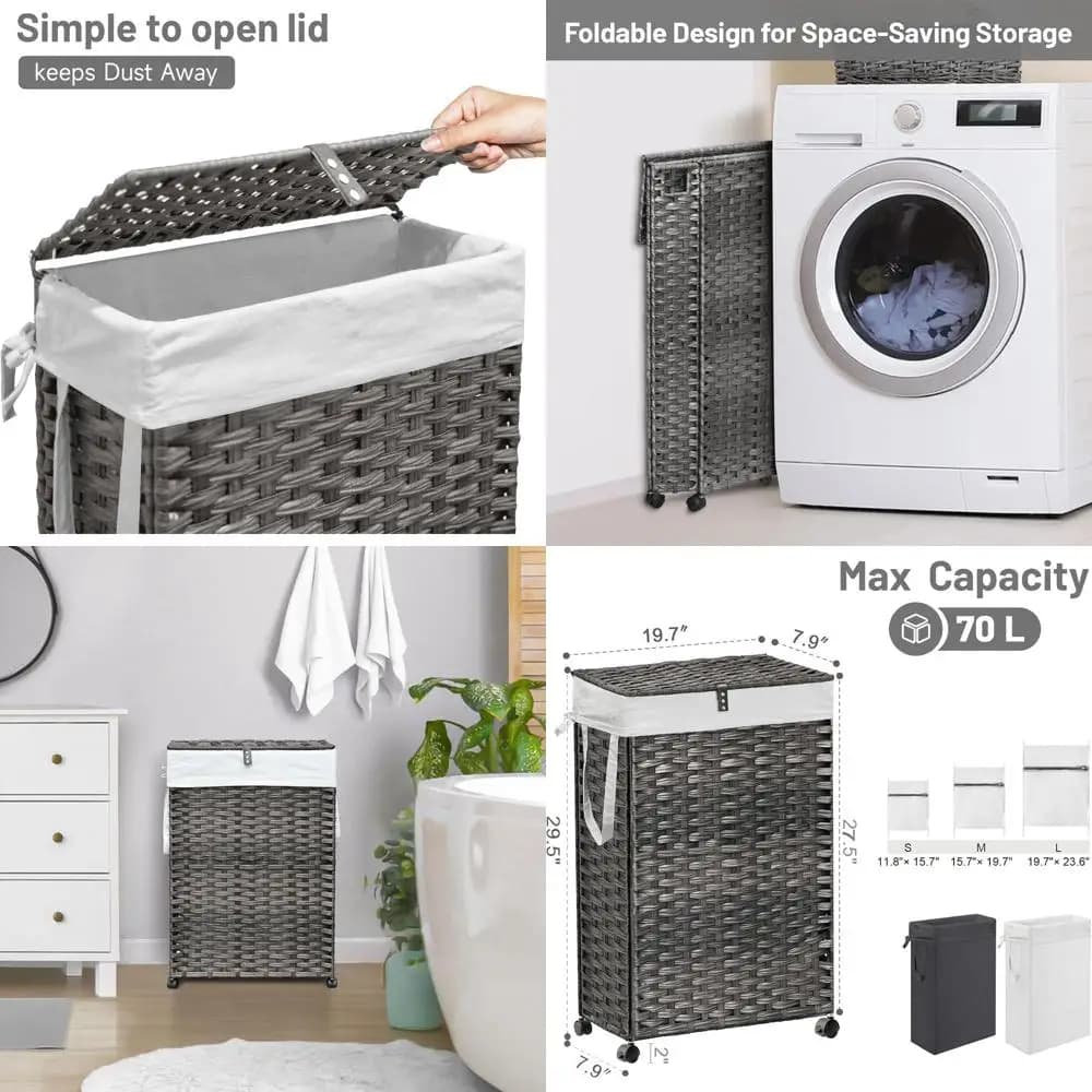 Cesto Portabiancheria Sottile da 70 Litri con Ruote e Coperchio, 2 Scomparti, 4 Fodere Rimovibili, 3 Sacchi in Rete, Grigio