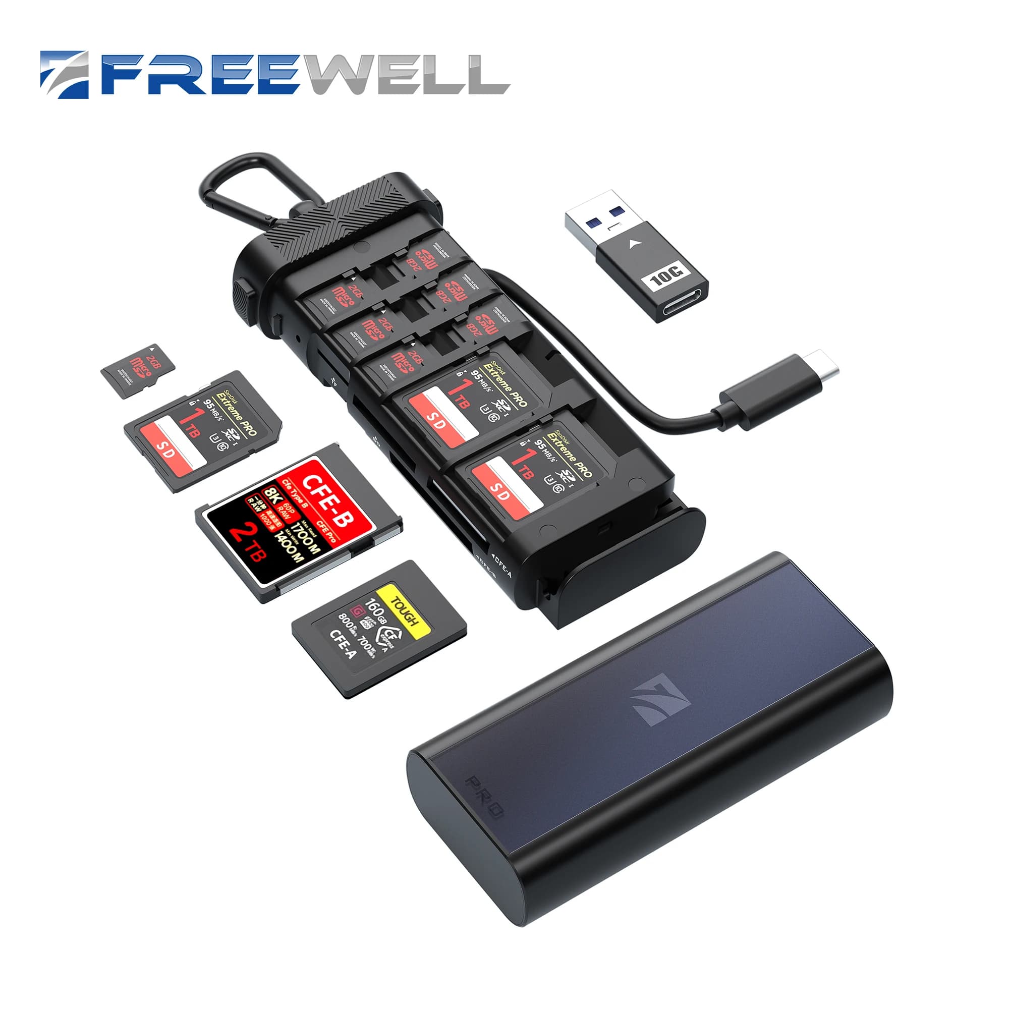 Freewell Portable Pro Reader Versatile CF Express A/B, lettore e supporto per schede SD TF e Micro SD per professionisti di foto e Video
