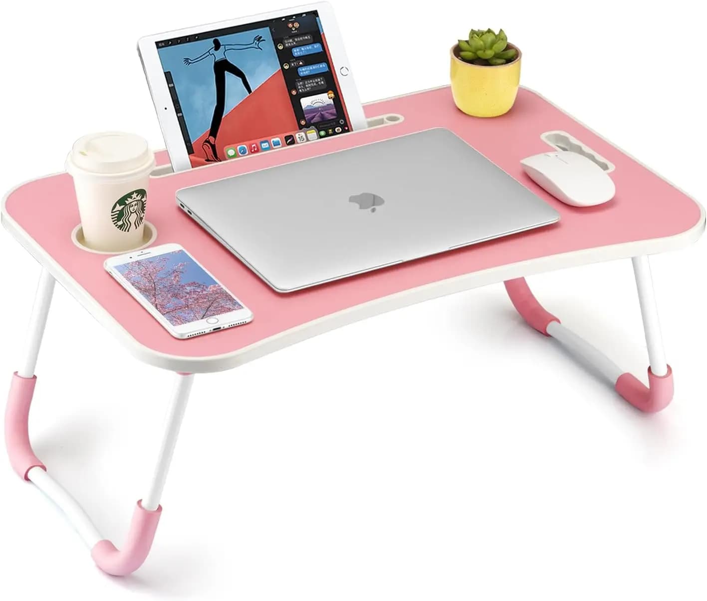 Tavolino Pieghevole per Laptop, Supporto Portatile da Letto con Portabicchieri, Slot per Tablet e Maniglia di Sollevamento per Lavoro