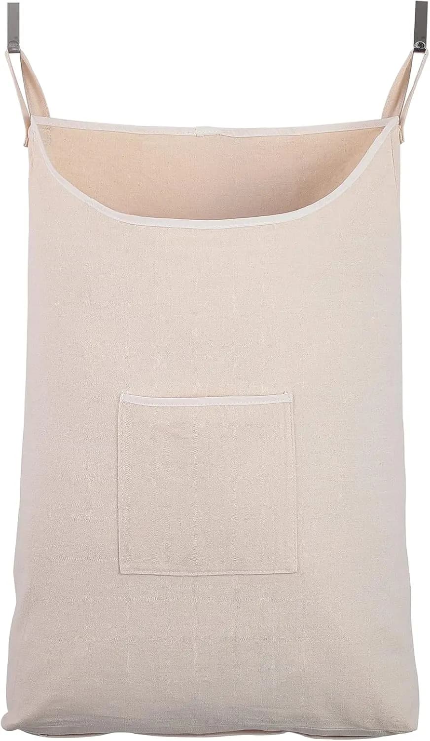 65 litre beige white paper bag hanging on the door with stainless steel hooks, in space saving cotton canvas