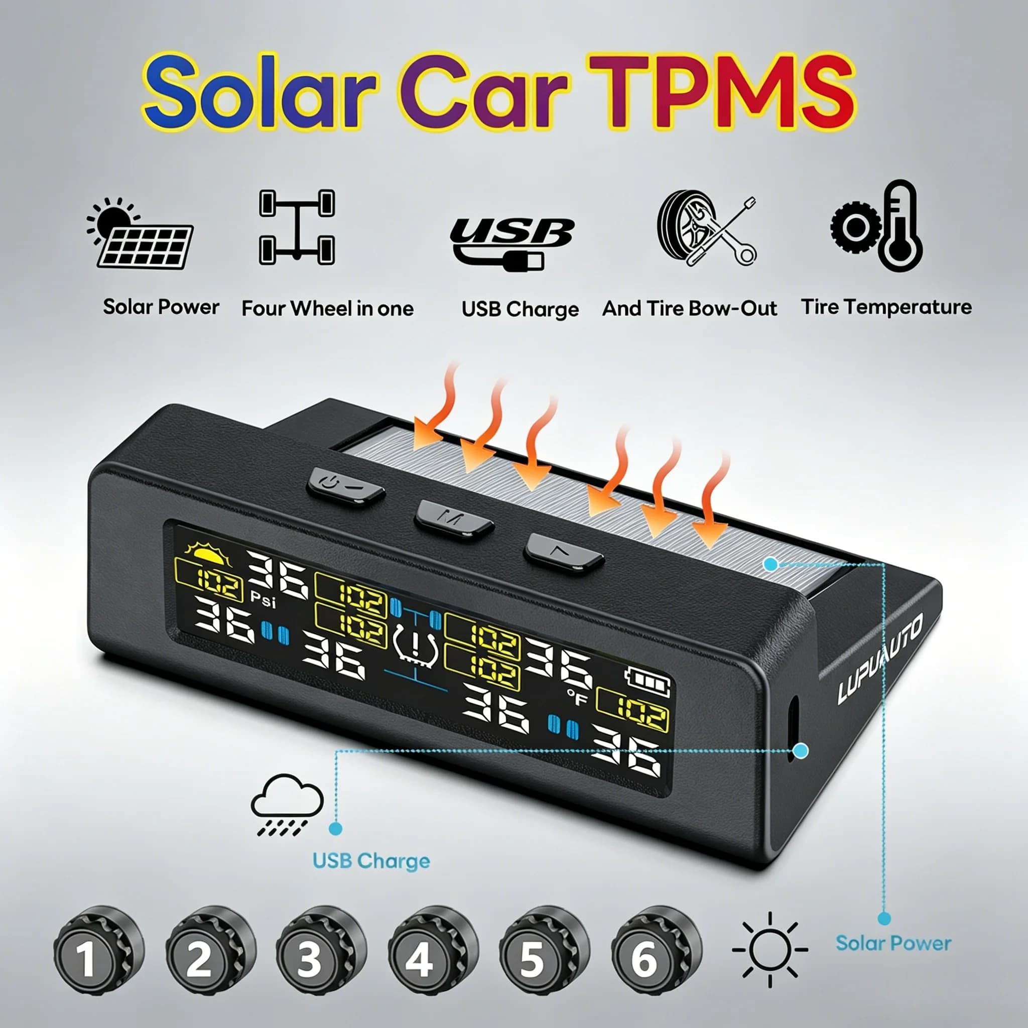 TPMS T20 car tire monitor with USB/solar charging, 4 or 6 external temperature sensors, digital LCD display, 0-9.9Bar tire gauge, intelligent universal car safety alarm 433.92 MHz