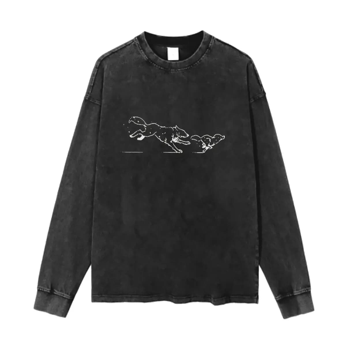 Maglietta in cotone a maniche lunghe vintage lavata con grafica Running Dog Art, tinta unita, con colletto a O, per uomo e donna