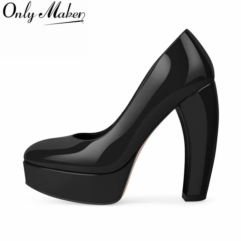Scarpe con Tacco Alto Classiche da Donna Onlymaker, Punta Rotonda, Plateau, in Pelle Verniciata, Tacco Grosso, per Ufficio ed Eventi Formali