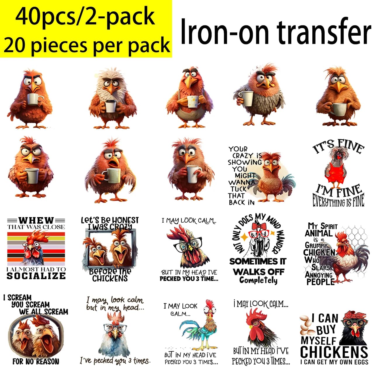 20 chicken theme thermoadhesive stickers for fashionable face masks diy, backpacks, hats, pillows, etc.