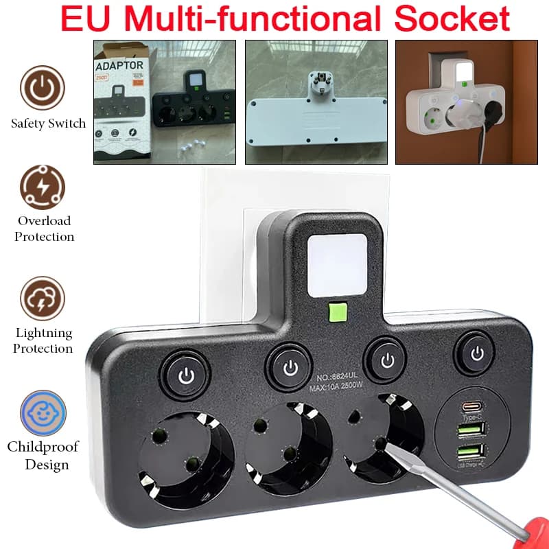 Multifaceted with EU Plug, Intelligent Night Light, Fast USB Charging, Independent Control, Overload Protection