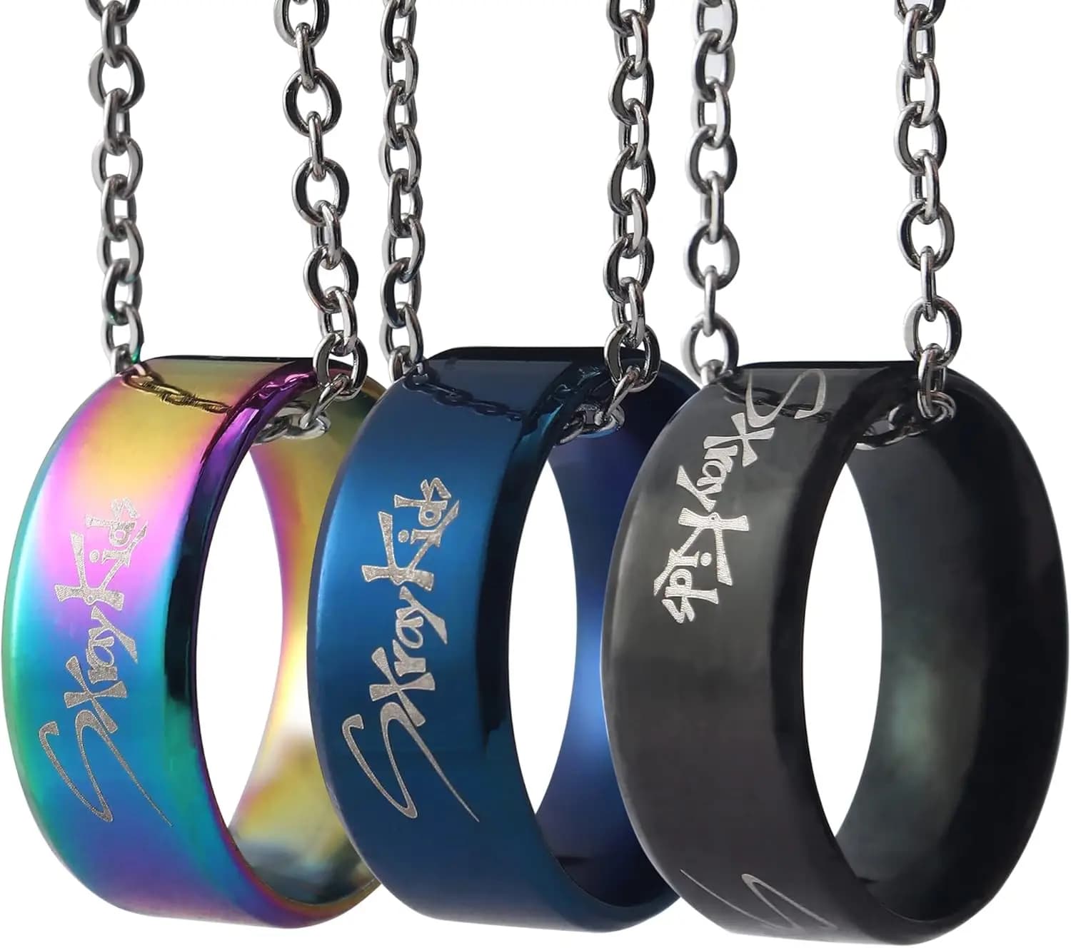 AntaQuyaN Kpop Stray Kids Merch 3 Piece Ring with Necklace SKZOO Stainless Steel Jewelry Gift Blue Rainbow Necklace