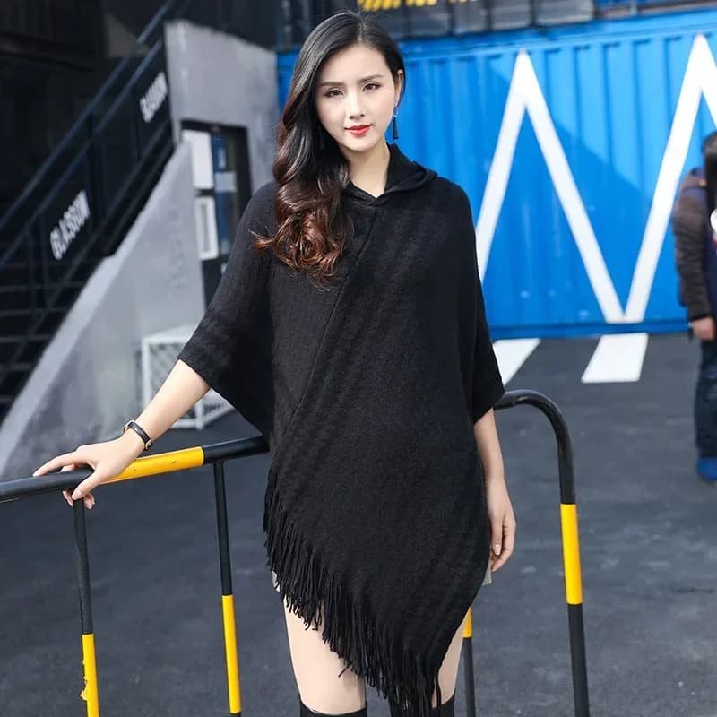 Skirt coat with hood spring autumn Women's scarf Pullover with needle Sweatshirt Sweater with tassel Women's Coat Outdoor Solar Protection Black
