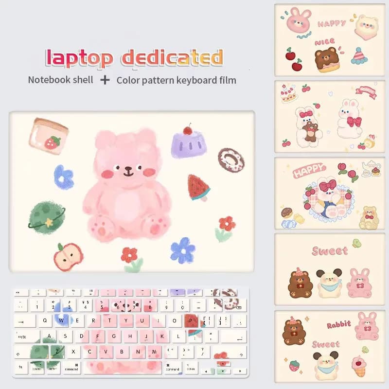 Set di Custodia Rigida per Laptop e Cover per Tastiera con Simpatico Orso Cartoon per MacBook Pro 13 14 16 A2141 A2251 A2442 | Simpatica custodia protettiva