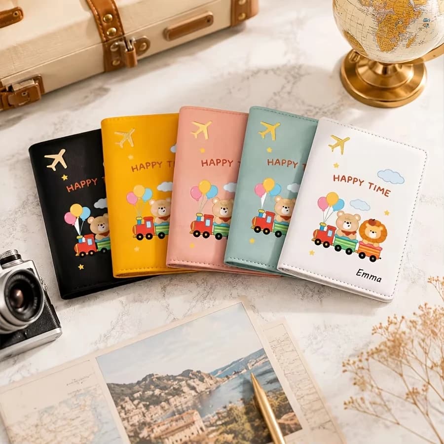 Custom Cute Cartoon Bear Pattern Passport Cover with Custom Name Text Personalized Passport Book Holder Protector