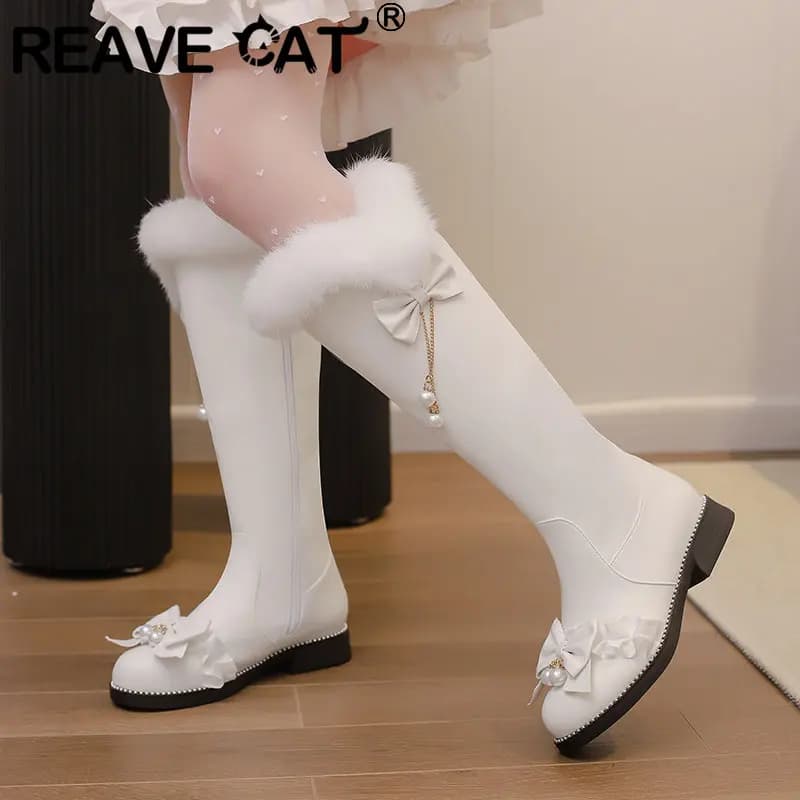 REAVE CAT Flats Bowknot Plush Women's Shoes Size Small 28 29 Women's Shoes Lolita Sweet Girl Knee Boots Botas Waterproof