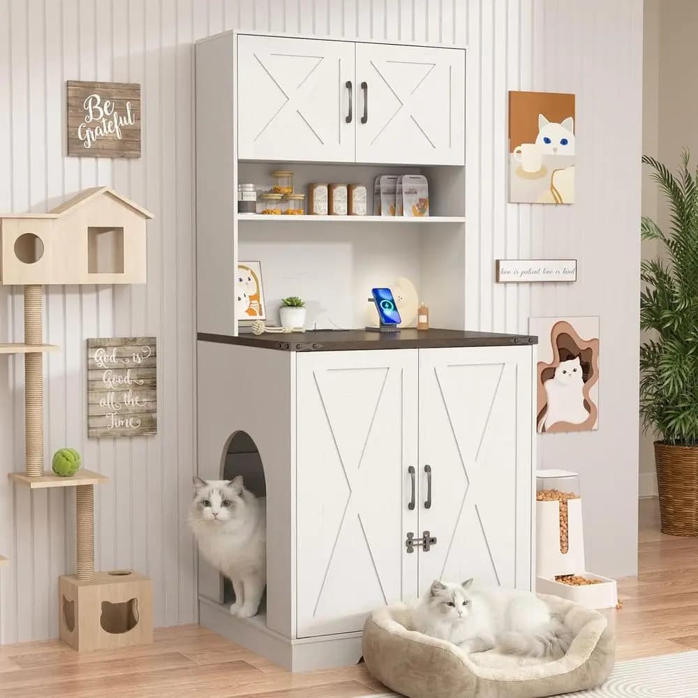 Mobiletto per lettiera per gatti 71 con prese di corrente, ripiani aperti, mobiletto in legno per bagno per animali domestici, armadietto con serratura, casetta per gatti da interno