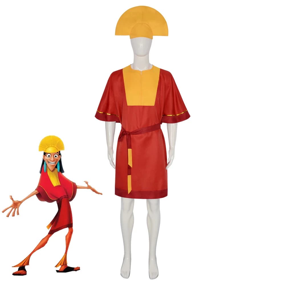 Anime Emperor Kuzco Costume Cosplay King Red Jumpsuit Yellow Hat Belt Dresses with Man Uniform Halloween Fantasy