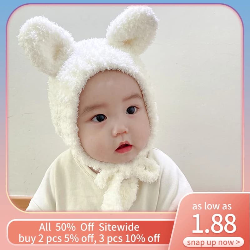 Cute Baby Plush Pullover Head Cap With Rabbit Ears Winter Warm Children Knitted Hat Infant Bunny Beanies Earflap Bonnet 6M-2Y