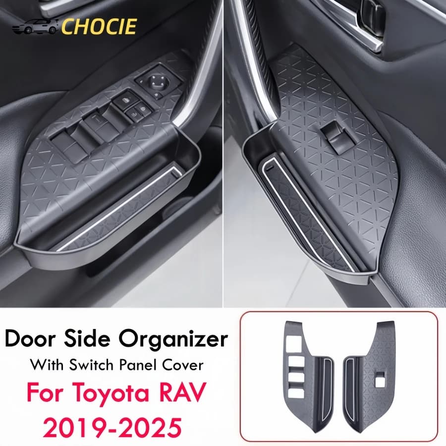 Organizzatore laterale porta sinistra e destra per Toyota RAV 2019-2024 2025 Scatole portaoggetti laterali porta auto Rav4 Pannello interruttori porta anteriore finestra