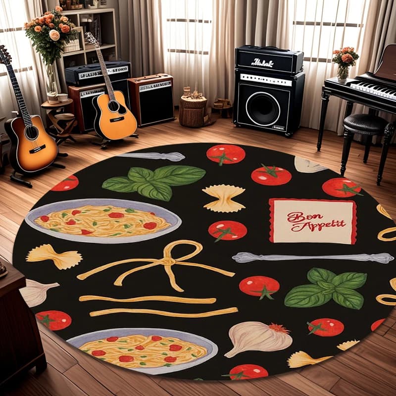 Tappeto Rotondo Foodie Pasta con Base Nera, Antimacchia, Stampa Cucina Italiana, Lavabile, per Cucina e Sala da Pranzo
