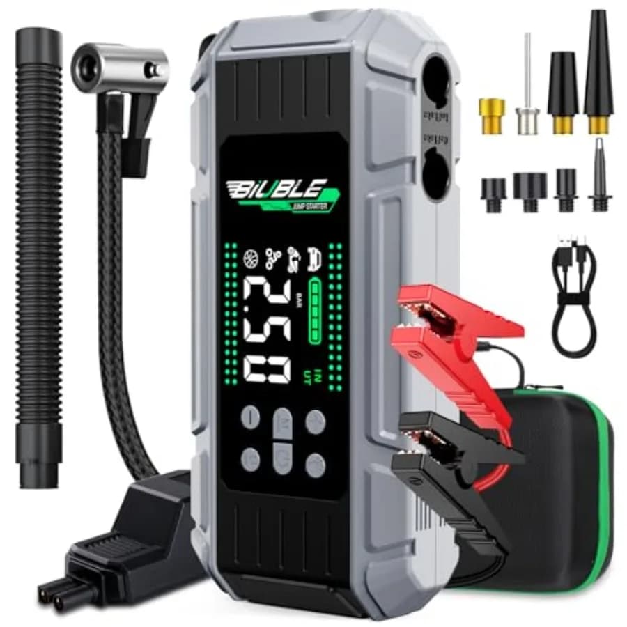 Avviatore di Emergenza 8000A con Compressore Gonfiatore/Sgonfiatore 65W, Caricabatterie per Auto, Avviatore per Tutti i Motori a Benzina e Diesel 16L, 24800mAh 150P