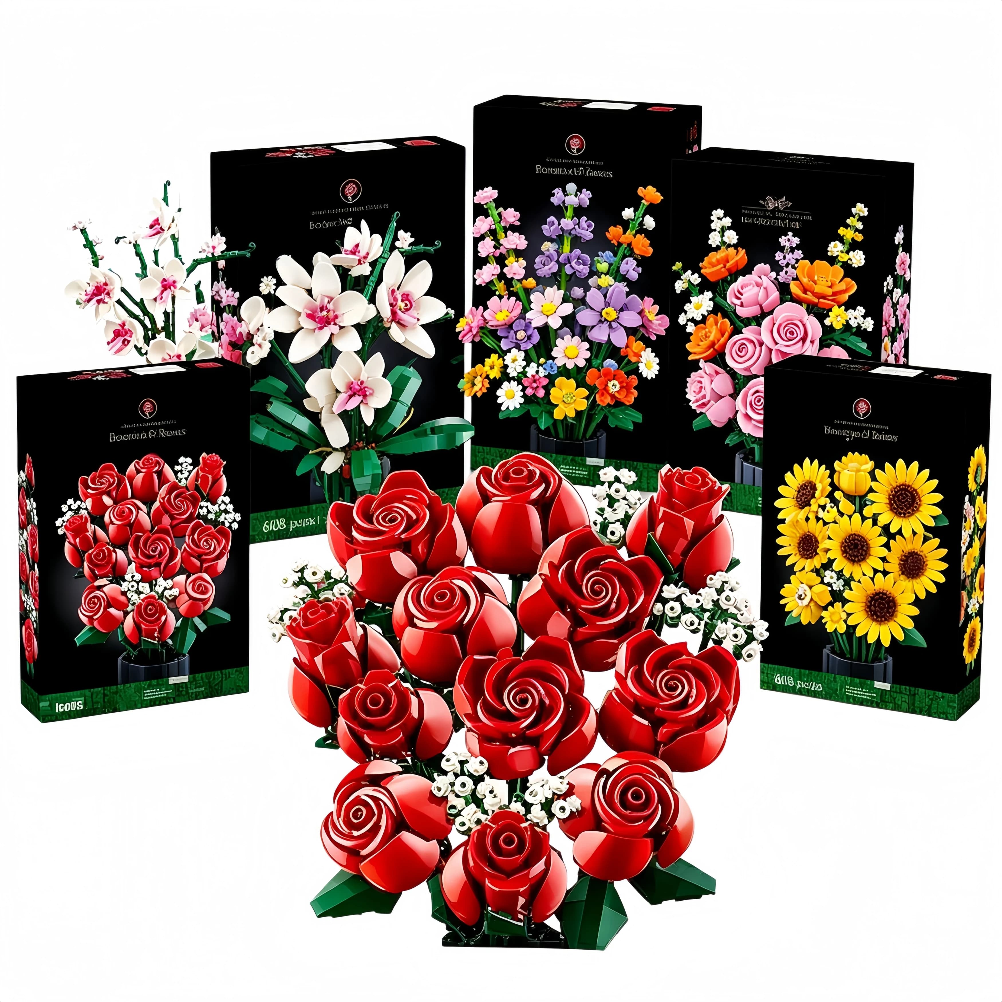 Artificial Flower Bouquet DIY Building Blocks Botanical Collection Home Decor Rose Orchid Potted Plant Gifts for Women Mom Wife