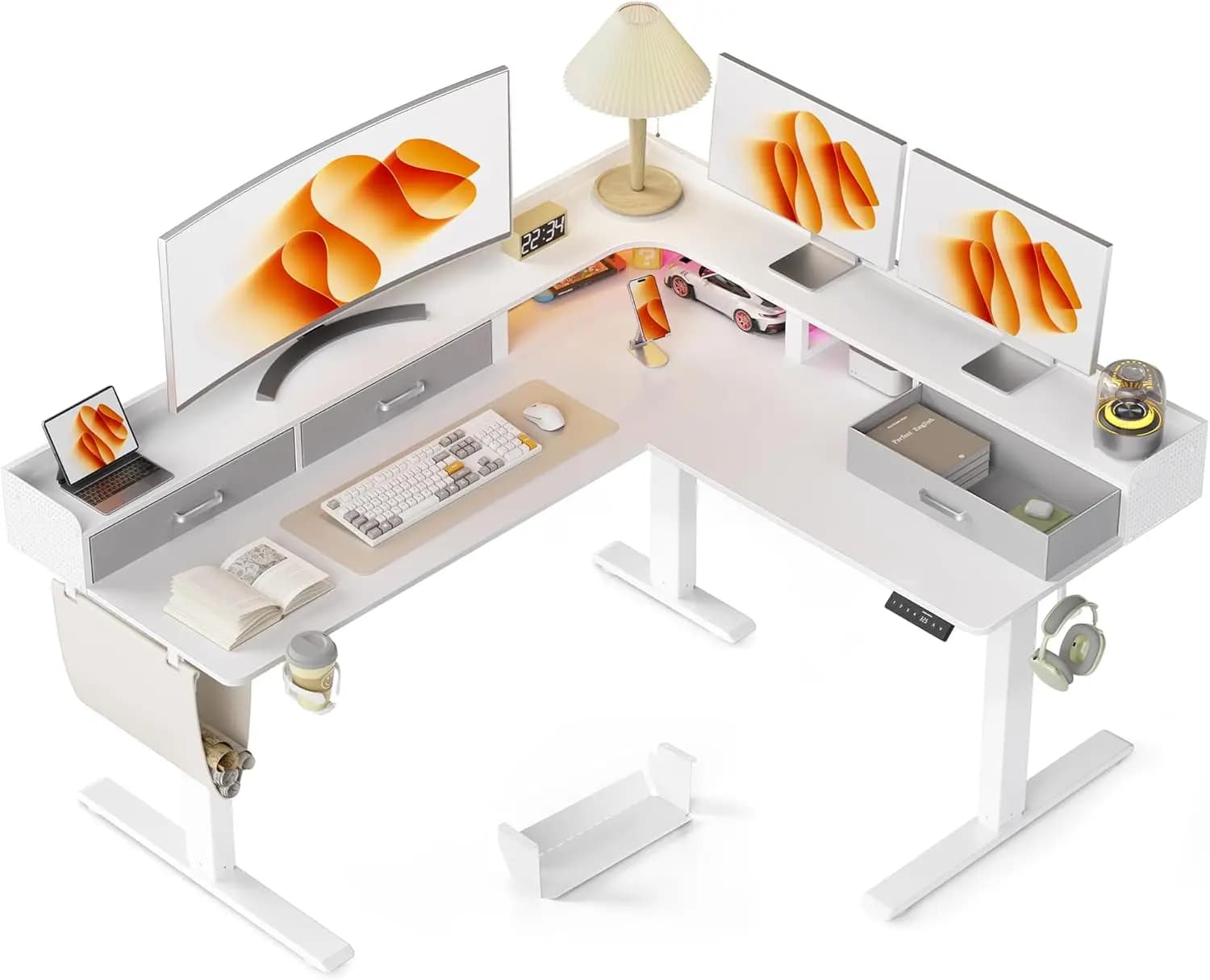 Scrivania a L Regolabile in Altezza da 63 Pollici con 3 Cassetti e Ripiano per Monitor, Scrivania Elettrica Sit-Stand per Ufficio Domestico