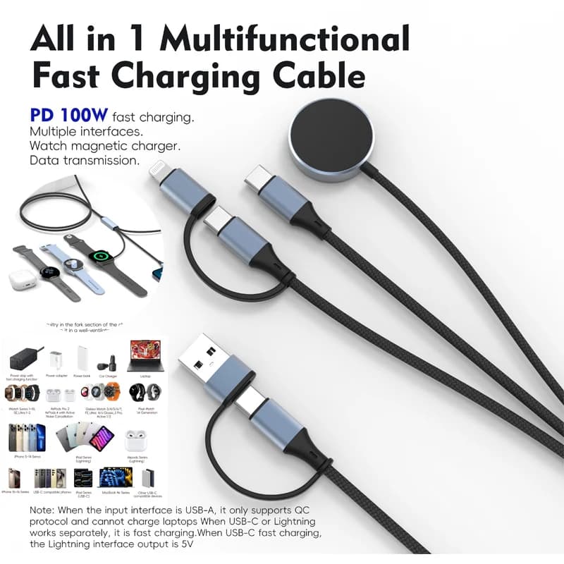 Cavo di ricarica rapido multifunzionale per Apple Watch/Galaxy Watch Cavo di ricarica USB AC Power Bank per iPhone 16 15 iPad AirPods