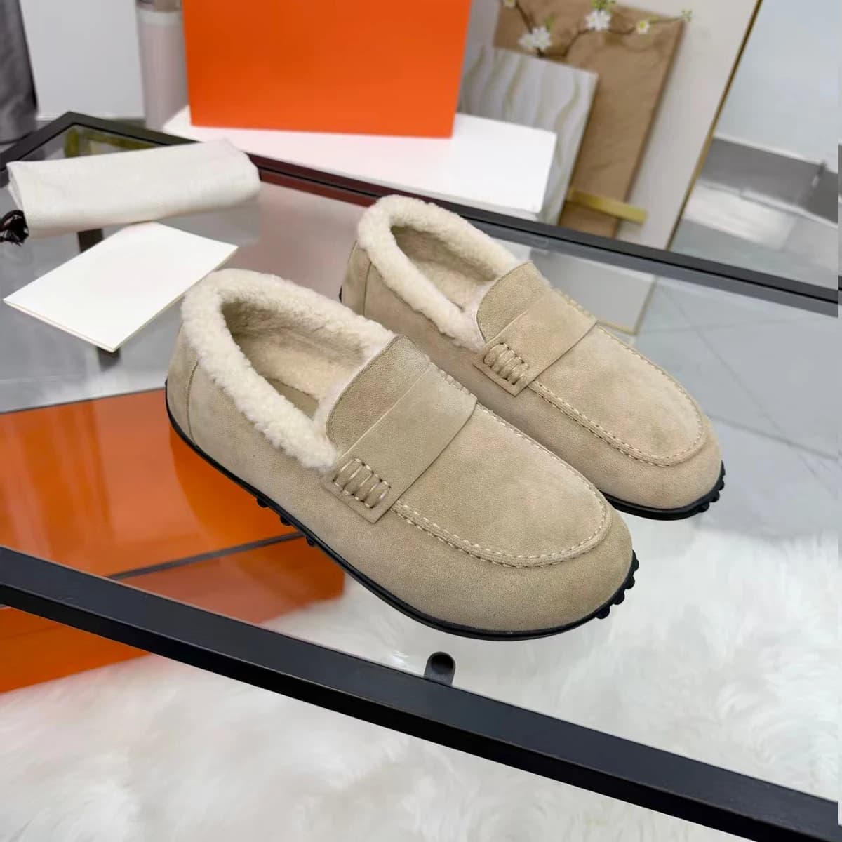 2026 New Women Shoes Suede Fleece Lined Loafers Slip On Warm Winter Driving Shoes--wy84