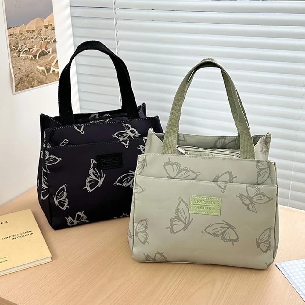 Portable Butterfly Printed Handbag Nylon Ultralight Picnic Lunch Bag Large Capacity with Zipper Travel Tote Bag