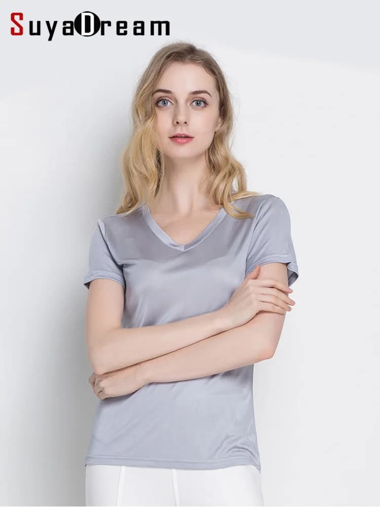 SuyaDream T-shirt da donna in seta lavorata a maglia in seta naturale manica corta tinta unita scollo a V T-shirt basic 2025 Top estivo, blu, grigio