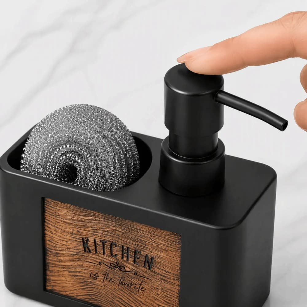 Press Type Kitchen Soap Dispenser with Sponge Holder Refillable Manual Soap Pump Wood Grain Liquid Soap Container Countertop