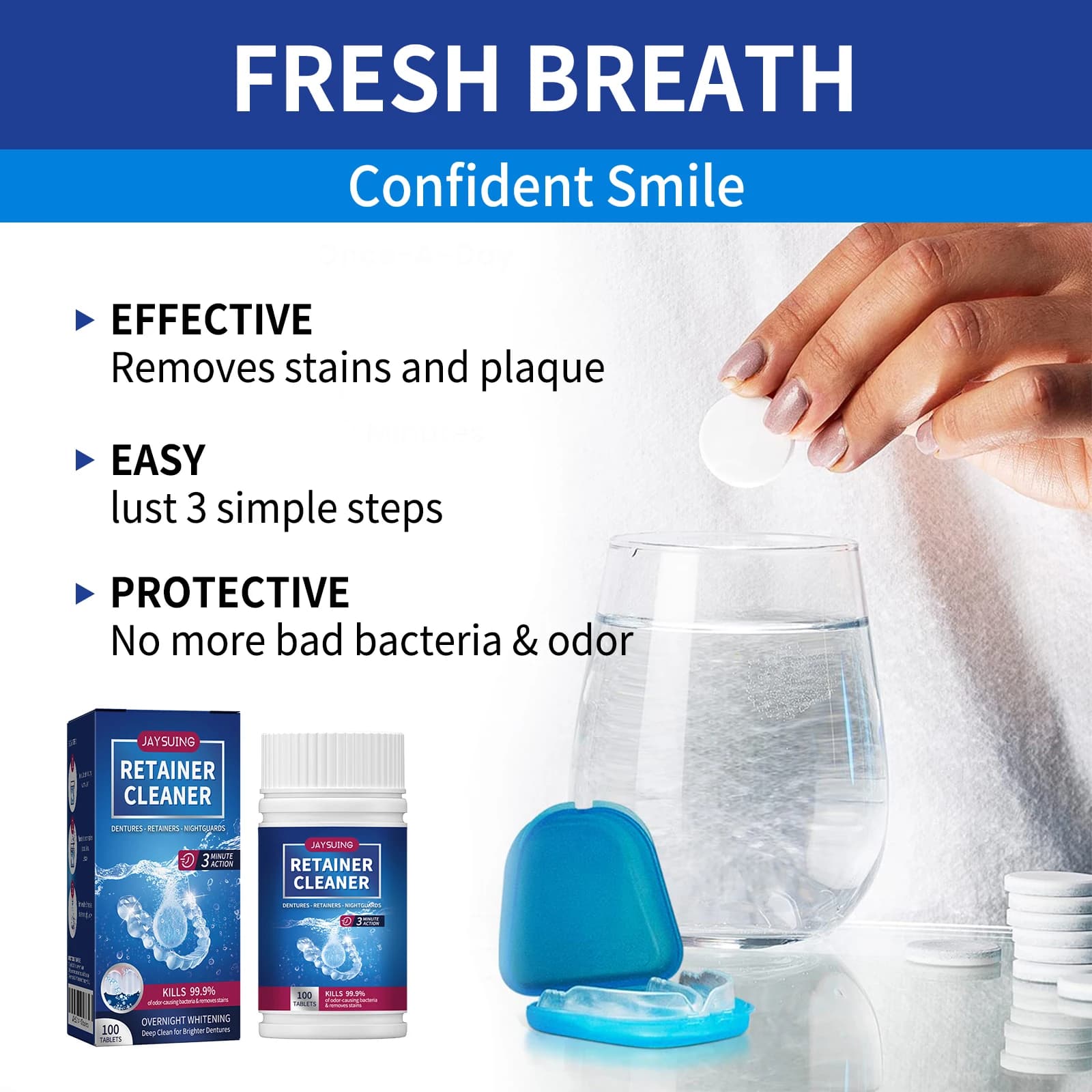 Detergent tablets for prosthetics Effervescent tongues of firm Remove stains Discoloration Large odors Protections for the mouth