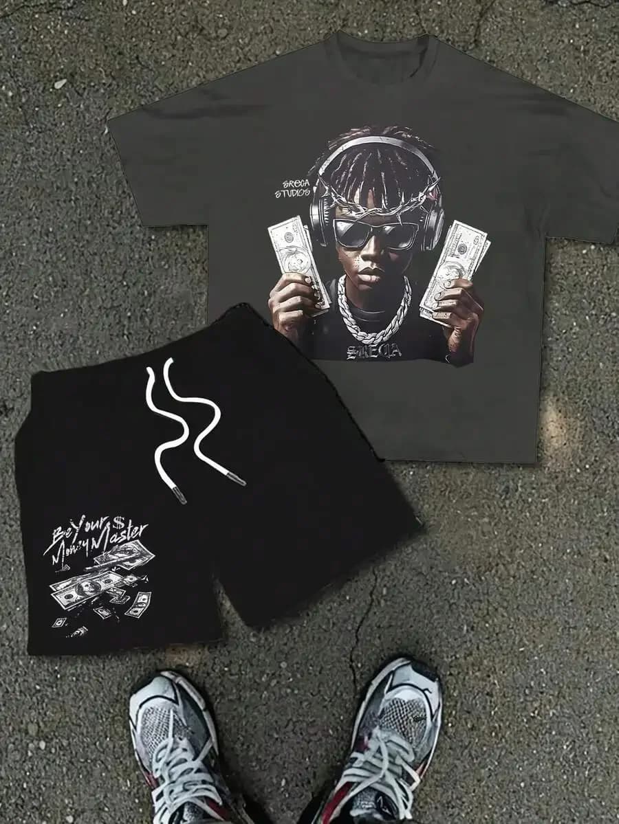 Set da uomo hip hop streetwear 2 pezzi, t-shirt e pantaloncini con stampa di banconote