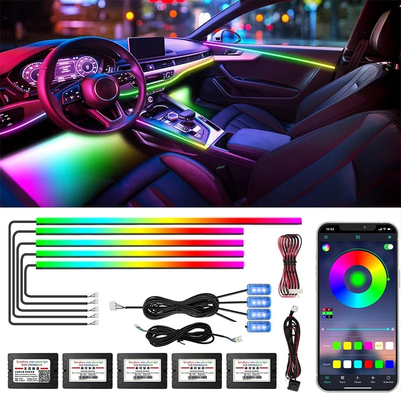 FILIPLI Streamer a colori Luci ambientali per auto RGB 64 colori LED universali Interni striscia acrilica nascosta Lampada per atmosfera sinfonica