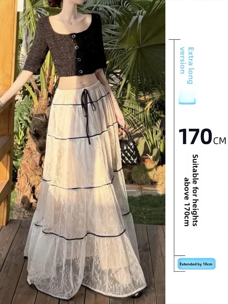 Gonna Lunga da Donna con Cintura in Pizzo, Modello Versatile a Trapezio, Morbida e Confortevole, Ideale per la Primavera