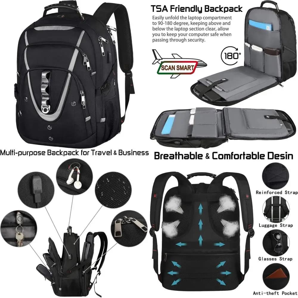 Zaino per Laptop da Gaming 55-60L con USB, Compatibile TSA, Antifurto, Resistente all'Acqua per Viaggi e Lavoro