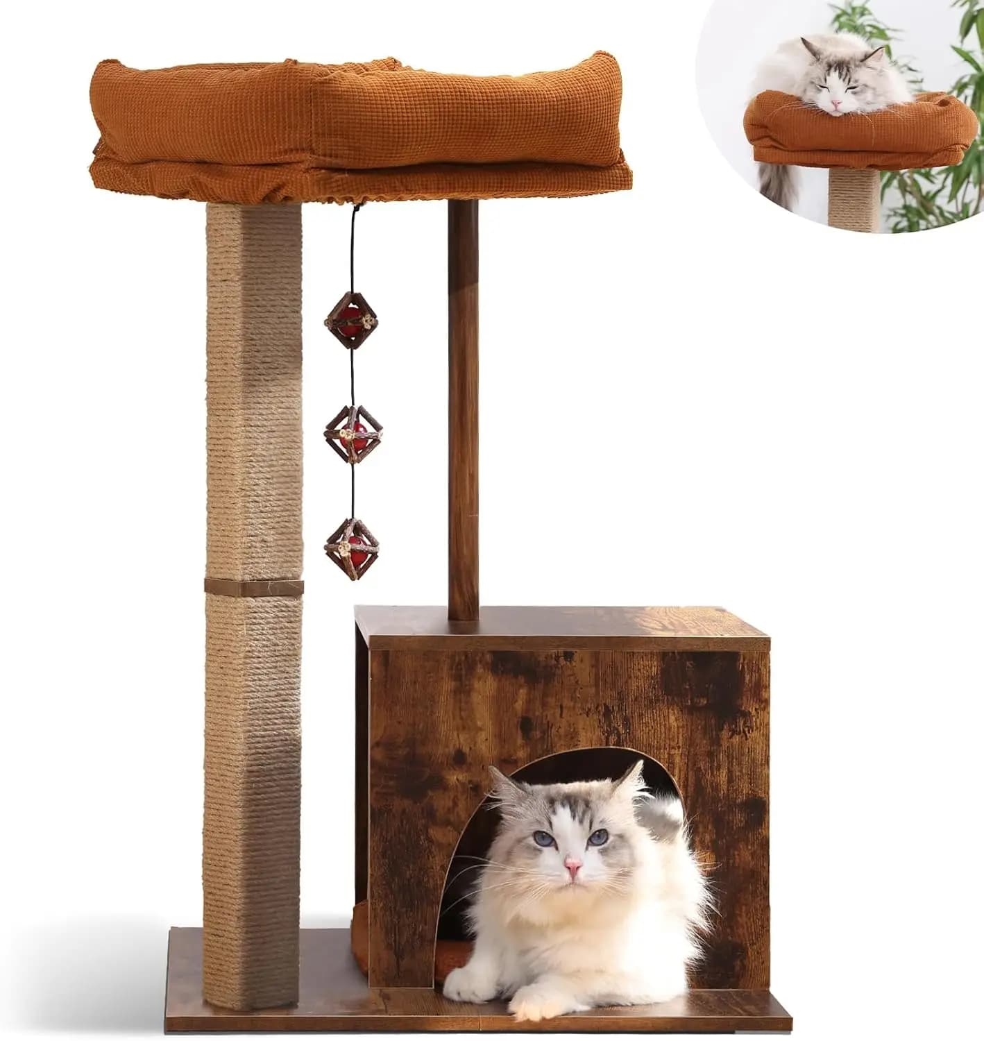 Albero per Gatti Moderno con Tiragraffi, Palline di Silvervine e Cuccia Accogliente per Gatti da Interno - Design in Legno Massello
