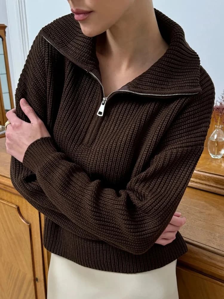 2026 Autumn Brown Sweater Women Casual Half Zip Stand Up Collar Pullover Loose Solid Color Simple Versatile Sweater Mujer