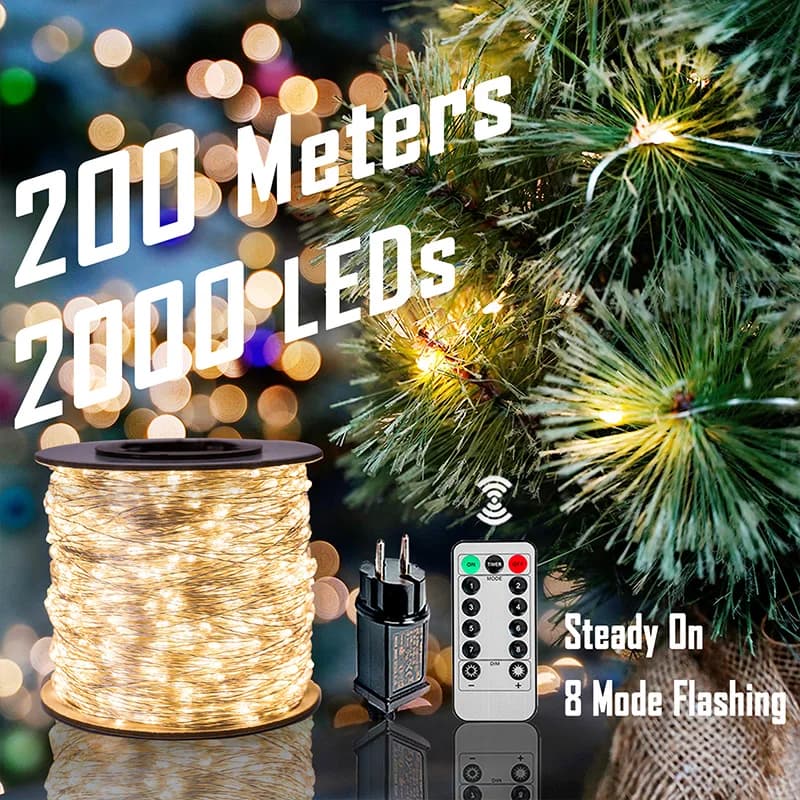 200M albero di natale fata luci Outdoor impermeabile ghirlanda String Lamp 8 modalità Remote Holiday Lighting capodanno decorazione a LED