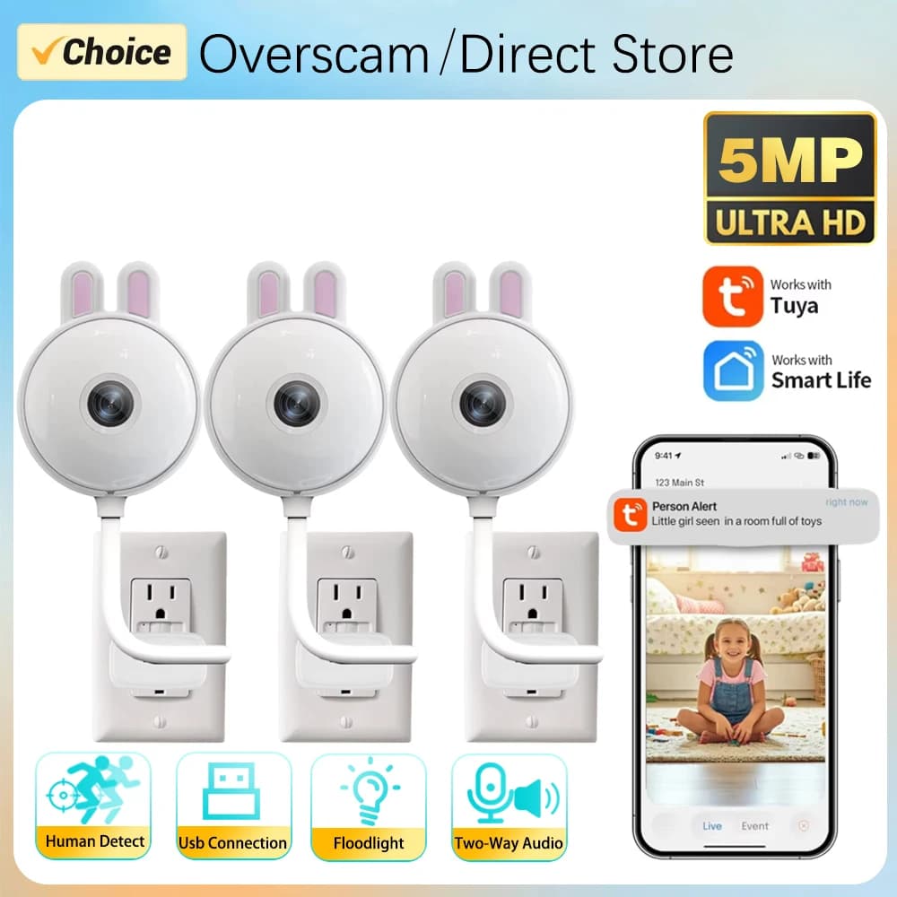 Mini Telecamera WiFi USB Tuya 5MP con Faretto, Monitor per Bambini, Telecamera di Sicurezza CCTV con Visione Notturna a Colori, Compatibile con Smart Life