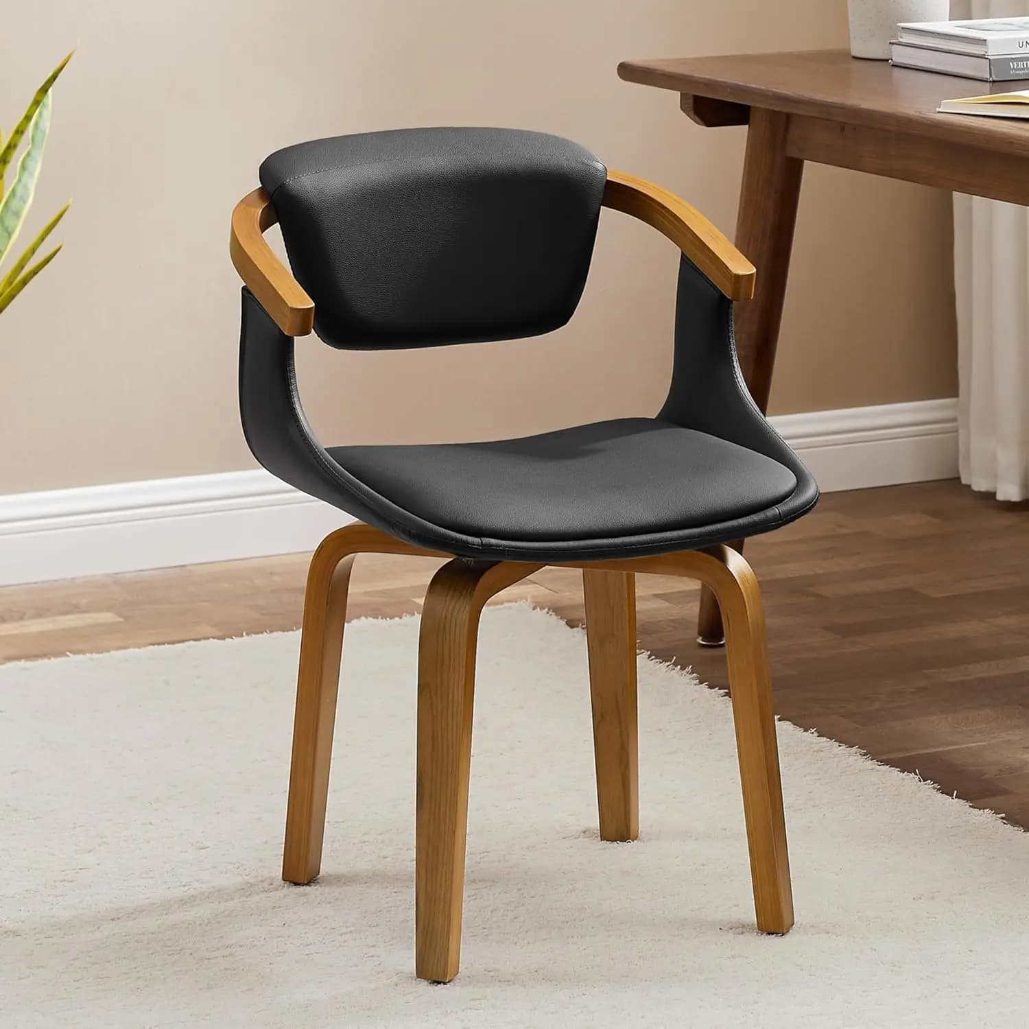 Sedia da Ufficio Girevole Senza Ruote, Stile Mid-Century Modern, Sedia da Pranzo in Ecopelle con Gambe in Legno, Braccioli Decorativi, Personalizzabile