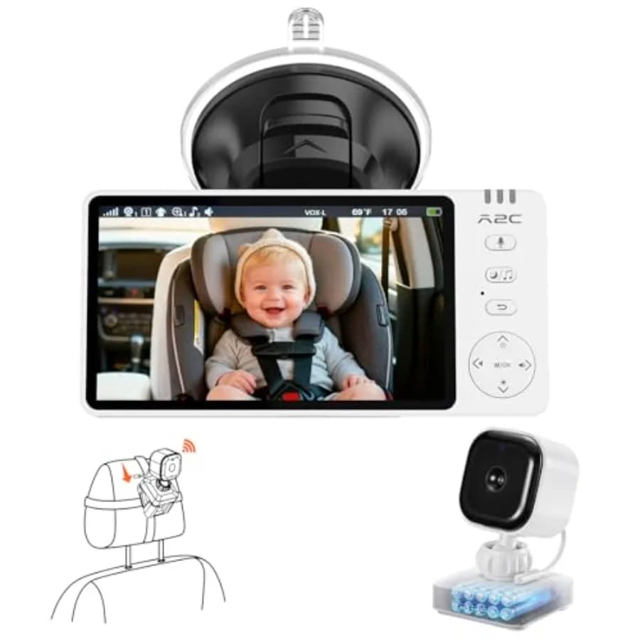 Monitor Wireless per Auto A2C con Telecamera per Neonati e Animali Domestici, Alimentato a Batteria, Visione Notturna Automatica e Manuale HD 1080P con 7 Ore di Autonomia