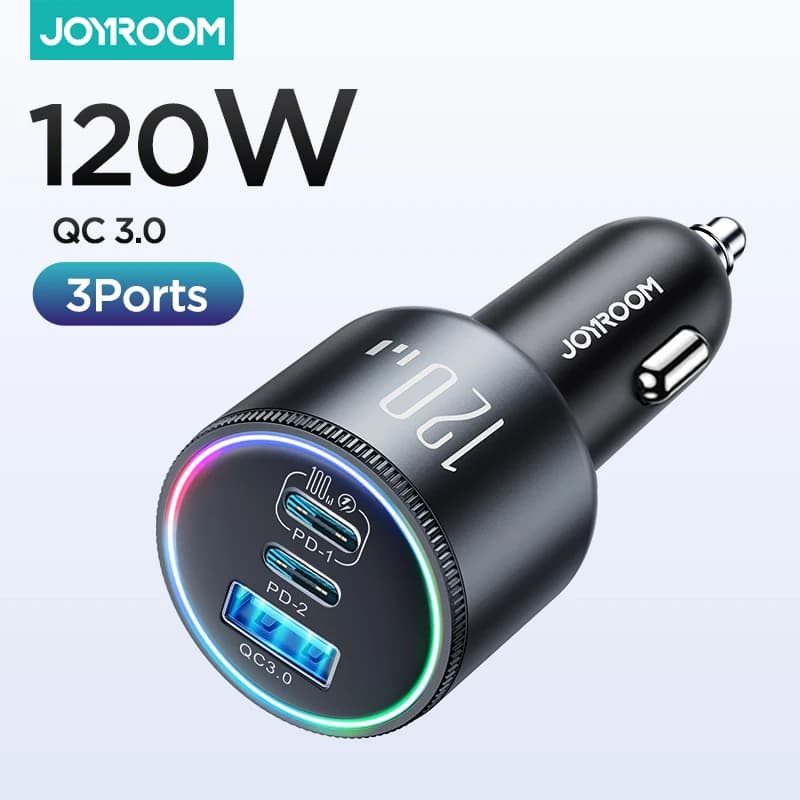 Joyroom Car Charger Adapter Super Fast 3 Door Car Charger 120W USB C for iPhone 15 Pro PD 100W and 35W QC 4.0 Car Phone Charger